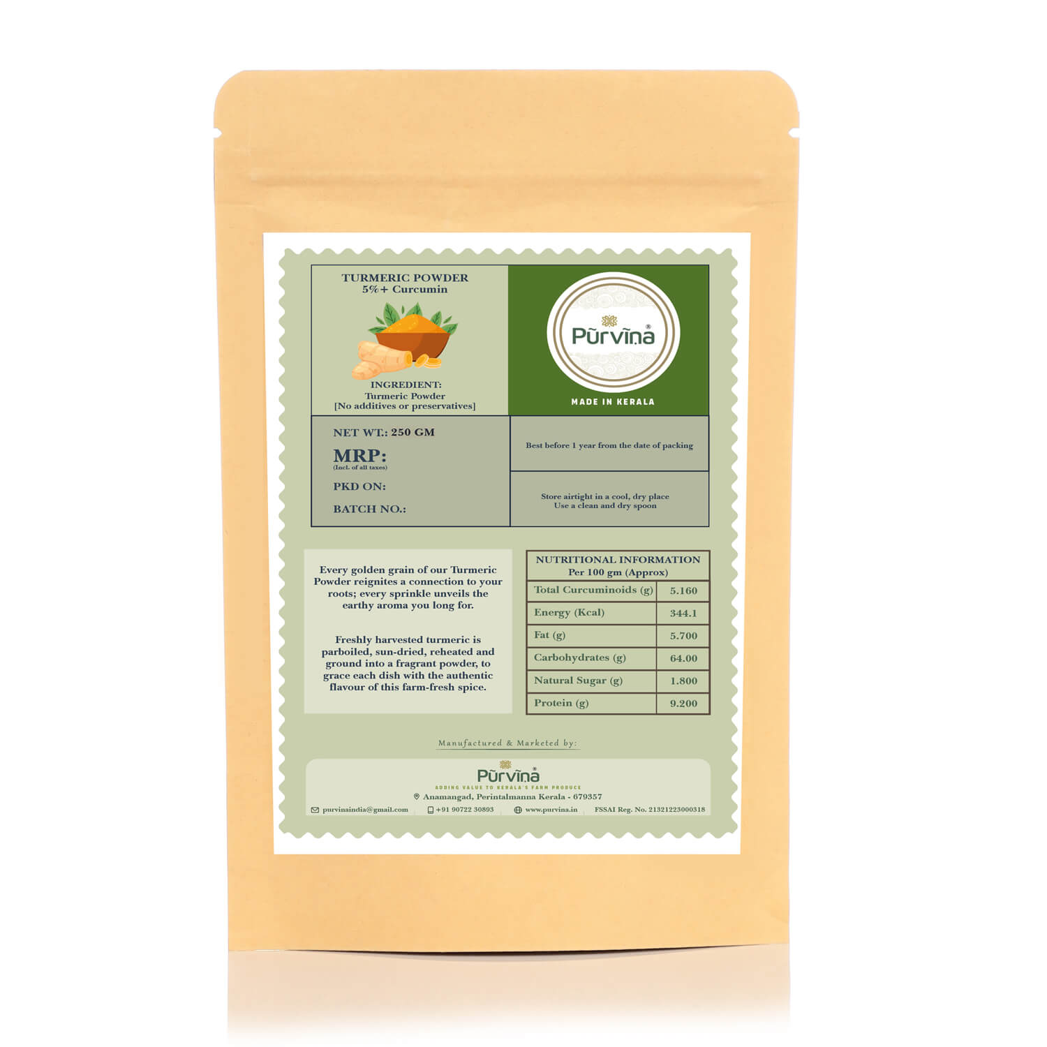 Pūrvīṇa Pure Turmeric Powder with 5%+ Curcumin