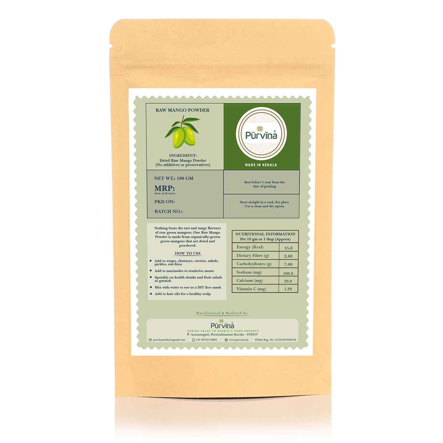 Pūrvīṇa 100% Natural Raw Mango Powder from Organically Grown Mangoes